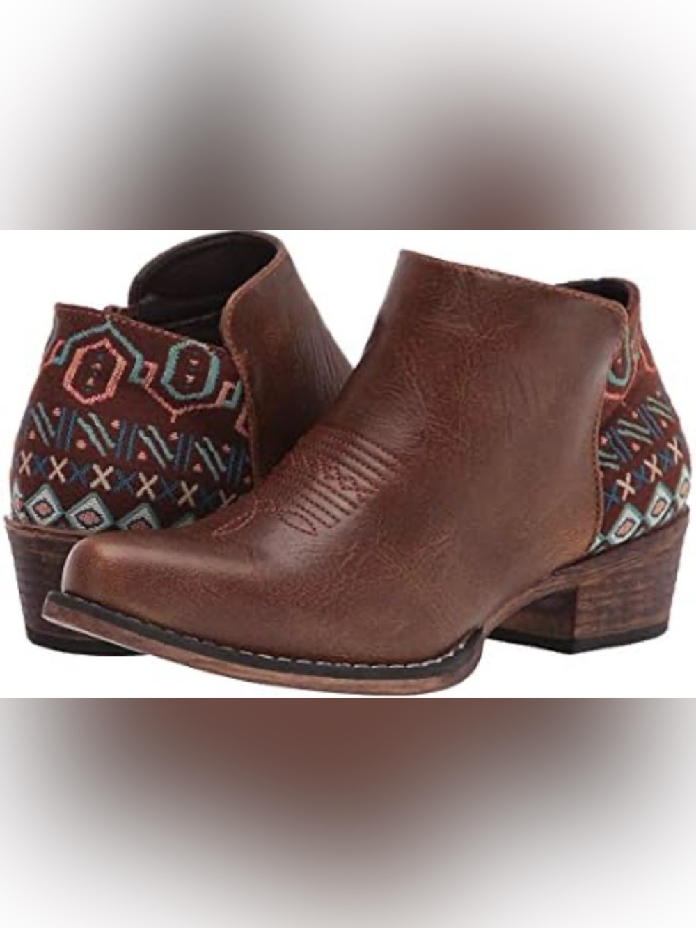 Roper Brown Embroidered Heel Ankle Booties 9.5